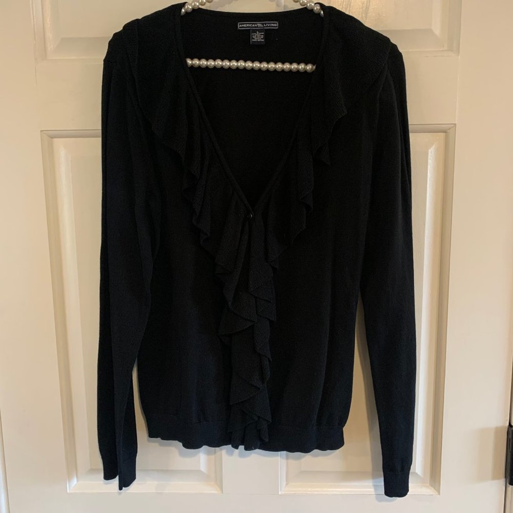 American Living Ladies Black Ruffle Front Button Up Cardigan Size L